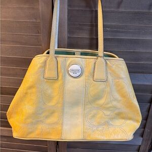Coach Signature Stitch Yellow Crinkled Patent Leather Shoulder Bag